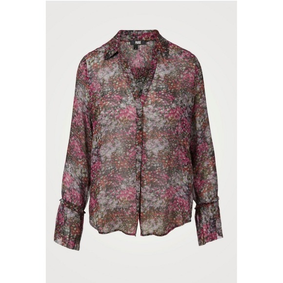 PAIGE Tops - PAIGE Abriana Silk Printed Shirt Purple Floral Chiffon Ruffle Cuff Blouse Large